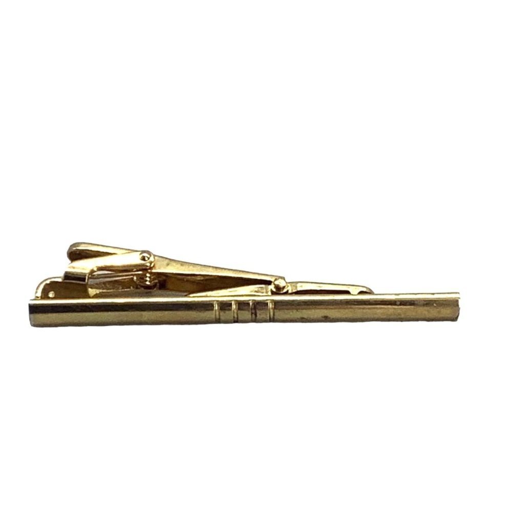 Vtg Grooved Gold‎ Tone Tie Bar Clip Modern Business Professional Formal Wedding